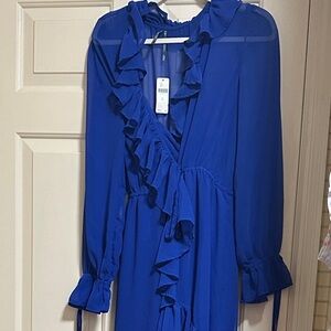 Anthropologie Royal Blue Ruffle Long Sleeve Dress BNWT sz XL